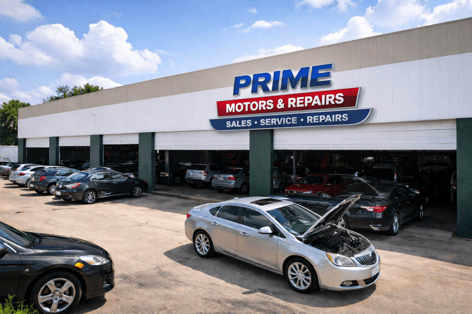 Automotive service bay with vehicles